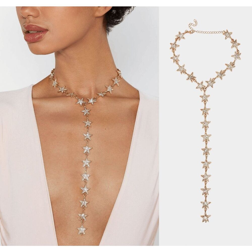 ⭐ Star Drop Spangled Sparkly Shiny Rhinestone Y Lariat Long Gold Necklace NEW